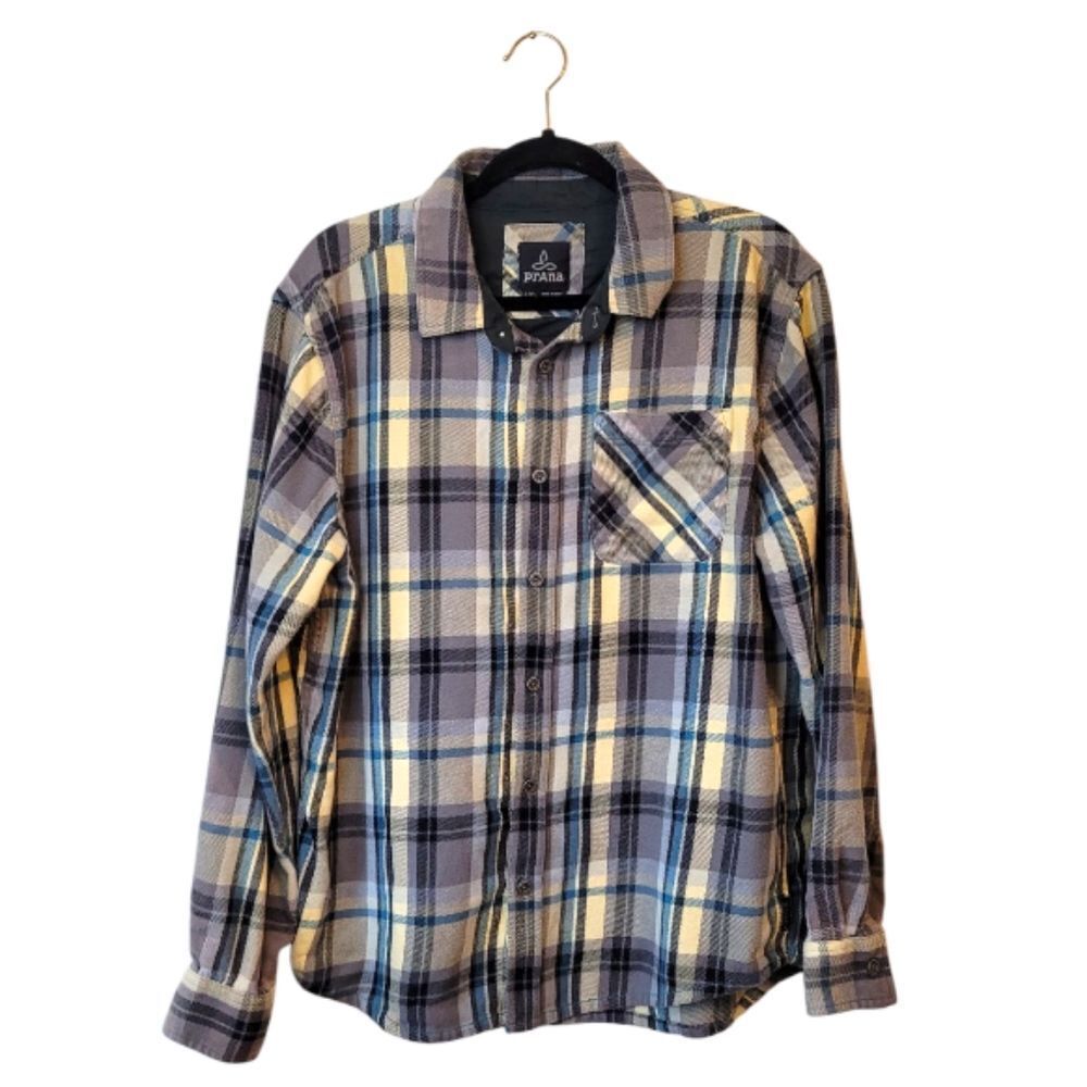 Prana Plaid Casual Button Down Shirt - Blue, Yellow, Gray